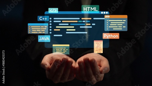 Vászonkép Software development with coding overlays, programming languages, developer tools, mobile app creation, and advanced programming for digital product development and software solutions