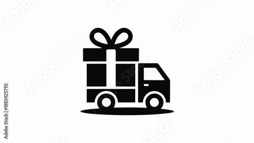 A minimalist black and white icon of a delivery truck carrying a gift box, symbolizing shipping and logistics for e-commerce