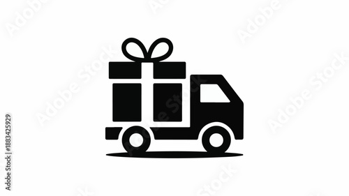 Minimalist black and white flat vector icon illustrating a small delivery truck transporting a gift box, symbolizing fast shipping, online shopping, and efficient present delivery services
