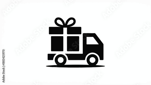 Minimalist Black and White Icon of a Delivery Truck Carrying a Gift Box with a Bow