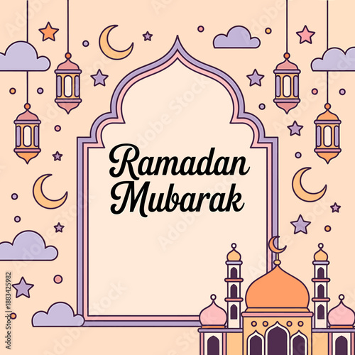 Ramadan mubarak greeting card with mosque and lanterns