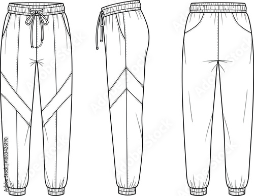 Technical fashion flat sketch of joggers with elastic waistband drawstring pockets and chevron panel detailing for apparel design template