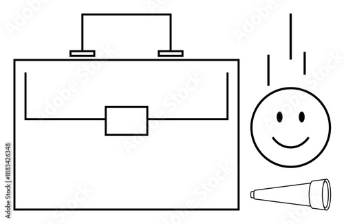 Business concept. Business icons thumbs up a briefcase for work, a happy face for positivity, and a telescope for future vision. Business planning, career growth, and innovation. For presentations