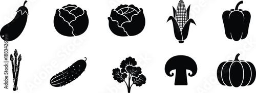 A collection of black silhouettes featuring various common vegetables and produce items