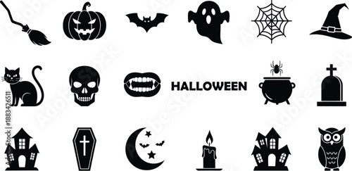 A comprehensive collection of black silhouette icons for halloween celebration