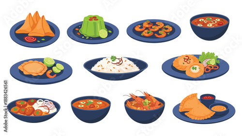 Assorted collection of traditional Southeast Asian and Indian food dishes including samosas, curry, rice, and desserts.