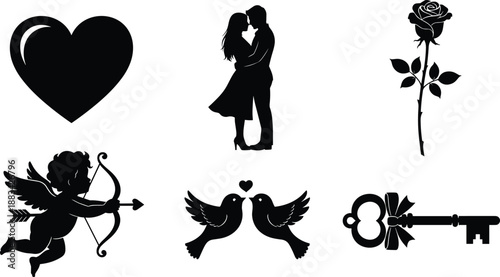 Love icon set, romantic symbols, heart silhouette, couple embrace, rose flower, cupid arrow, birds in love, key to heart, Valentine's Day, romance clipart