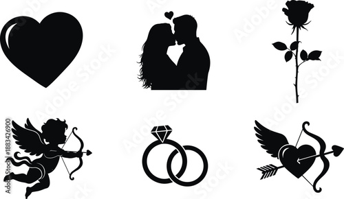Romantic love silhouettes, heart with arrows, kissing couple, rose flower, cupid with bow, wedding rings, winged heart, Valentine's clipart