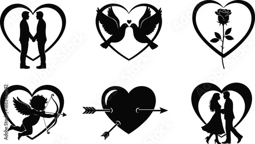 Romantic love silhouettes, heart outlines, couple holding hands, kissing doves, rose flower, cupid aiming, Valentine's clipart, emotional icons