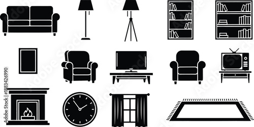 Black silhouettes of essential furniture and appliances for living room decor