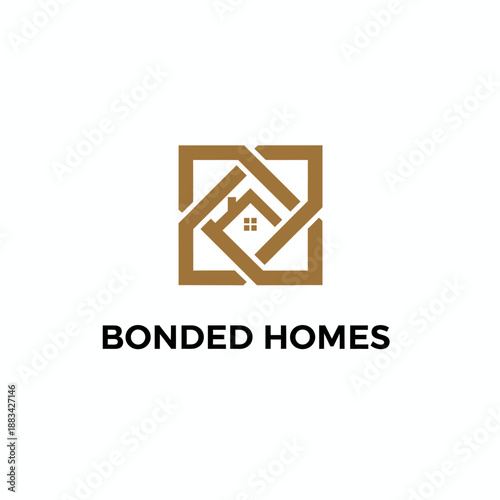 Abstract geometric square knot enclosing a house icon for secure real estate and premium property branding identity called BONDED HOMES