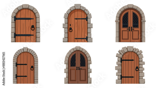 Architectural set of medieval and rustic arched wooden door designs featuring heavy iron hinges and stone frames.