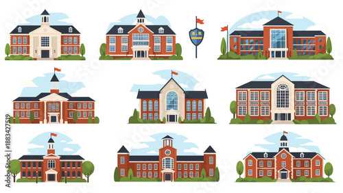 Architectural collection of classic and modern school, college, and university campus buildings with green landscaping.
