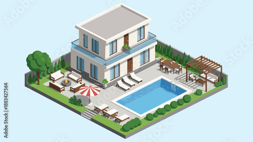 Luxurious modern two-story residential house featuring a large backyard swimming pool, patio, and lounge area.