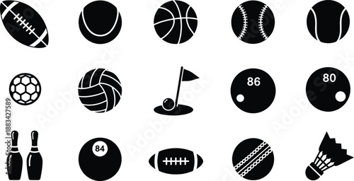 A collection of black and white icons illustrating various sports equipment and balls