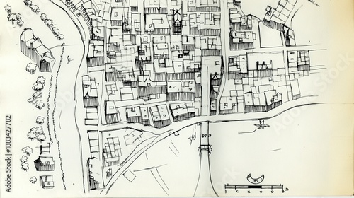 Hand drawn sketch map of historic European style riverside town with dense streets and tightly packed houses on aged paper