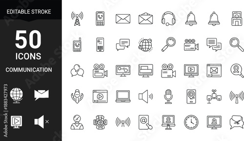Fifty Global Communication Line Icon Set Featuring Video Cameras, Signal Towers, Email Envelopes, Headsets, Megaphones, Search Magnifiers, Desktop Monitors, and Digital Media Symbols for Design
