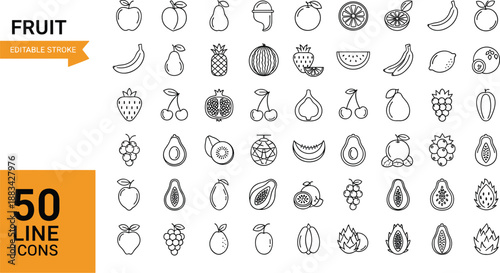 Fifty Fruit Line Icon Set Featuring Apples, Bananas, Watermelons, Pineapples, Grapes, Avocados, Cherries, Strawberries, Citrus Slices, Papayas, and Organic Healthy Tropical Food Symbols for Design