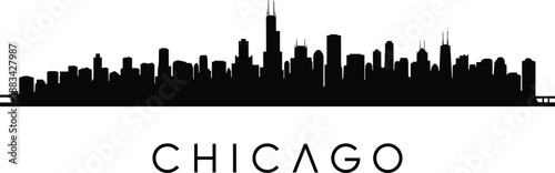 PrintChicago city skyline silhouette illustration, iconic skyscraper landmark vector graphic, Willis Tower architectural outline art, modern urban metropolitan design sketch