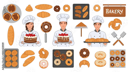 Professional bakers and pastry chefs in uniforms presenting a wide variety of fresh breads, donuts, cakes, and croissants.