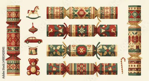 Traditional festive Christmas crackers or bonbons seamless pattern