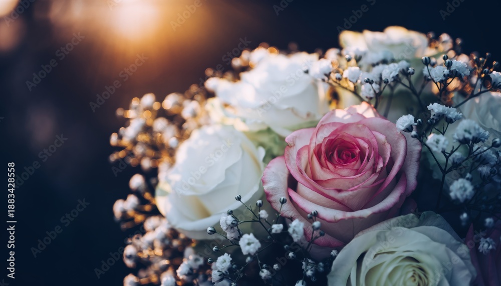 Fototapeta premium Beautiful romantic bouquet of fresh pink and white roses with delicate gypsophila flowers in warm golden sunset light against a dark, moody background