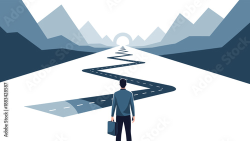 Determined businessman with briefcase standing on a winding mountain road leading towards a bright glowing future.