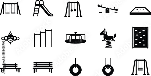 A set of monochrome icons representing various pieces of playground equipment for children's parks