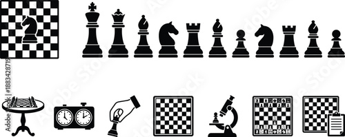 Chess silhouettes set with pieces board clock and strategy icons, black vector collection for game design