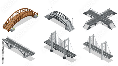 Collection of various architectural bridge designs including suspension, arch, and modern highway overpass structures.