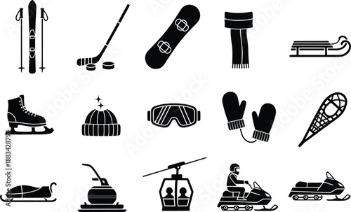 A comprehensive collection of black and white icons for winter sports and activities