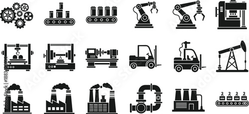 PrintIndustrial manufacturing icon set illustration, automation machinery vector graphic, factory equipment silhouette art, production process design sketch, engineering technology decorative element 