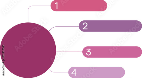 A purple mind map diagram featuring a central circle and four numbered, colorful points for organization, high quality vector illustration for rank titles, business planning, idea mapping, education, 