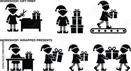 Christmas elf workshop silhouettes set, Santa helpers preparing and carrying wrapped presents, festive holiday black vector collection