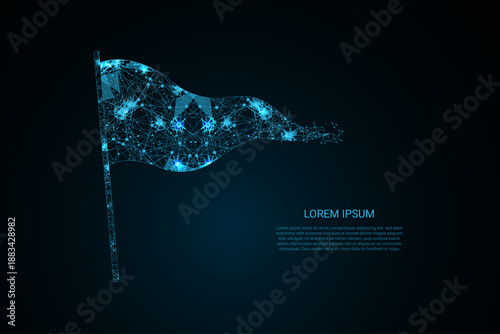 Abstract digital flag made of glowing blue polygonal lines and connected nodes on a dark background.