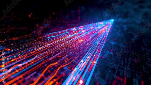 High speed data streams racing across digital grid with glowing light paths showing rapid information transfer and advanced computing motion
