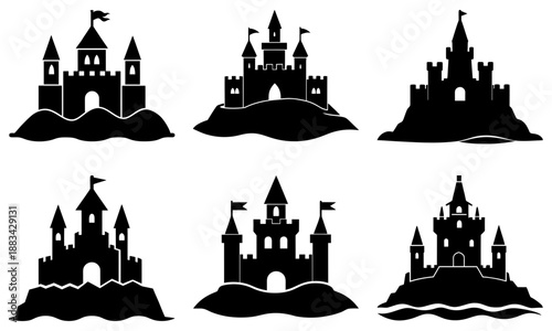 Six Black Silhouette Castles on Hills with Transparent Background white