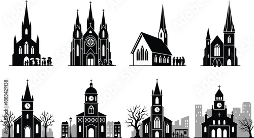 Church building silhouette icon set, religious architecture landmarks collection, cathedral chapel designs, black cityscape vector illustration