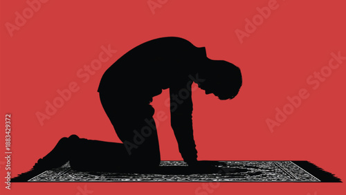 Person praying on prayer mat silhouette, Islamic salah and Ramadan worship vector illustration
