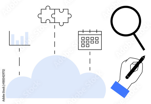 Cloud connecting to data analytics, puzzle, calendar, magnifier, and action of writing. Ideal for teamwork, organization, integration analytics research planning innovation. Simple flat metaphor