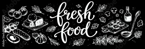 Obraz  z motywem Fresh food white calligraphy lettering with vegetable drawings on black chalkboard background