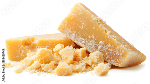 A wedge of parmesan cheese with crumbled pieces isolated on white background