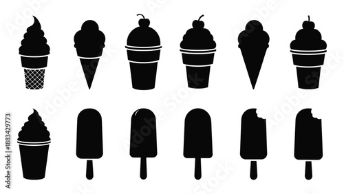 Collection of various ice cream silhouettes isolated on white background, Vector