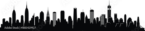 PrintNew York City skyline silhouette illustration, urban architecture vector graphic, iconic skyscraper outline art, metropolitan building design sketch, modern cityscape decorative element