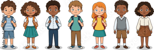 Diverse school children with backpacks, happy students standing together, multicultural education illustration, primary school kids, learning community, childhood friendship