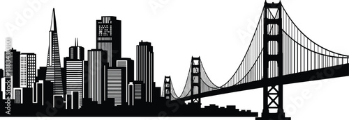 PrintSan Francisco city skyline silhouette illustration with Golden Gate Bridge, iconic Transamerica Pyramid landmark vector graphic, urban architectural outline art