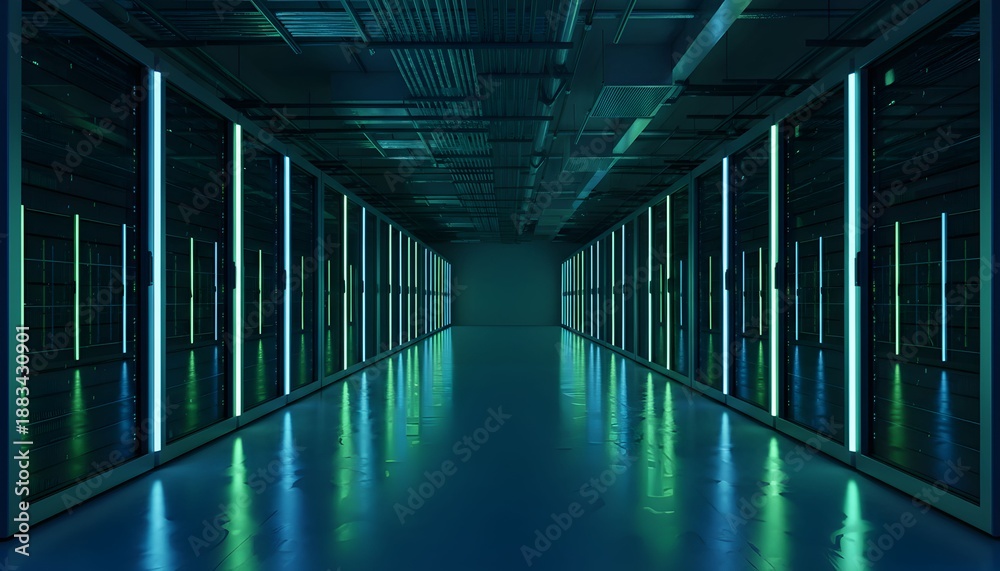Fototapeta premium A futuristic corridor with sleek server rows, illuminated by vibrant neon lights, viewed from a central perspective, showcasing a modern data center environment