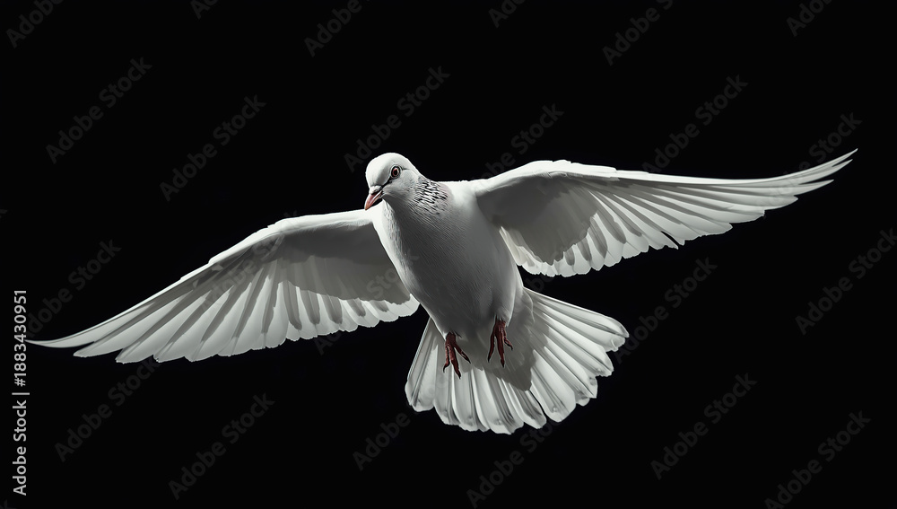 Obraz premium White dove captured in mid-flight with wings spread against a solid black background, symbolizing peace, freedom, hope, and spirituality