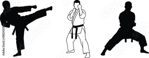 Karate fighter silhouettes and outline, martial arts kick and guard stance, combat sport training illustration isolated set