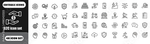 B2C Icon Set – Business to Consumer, E-commerce, Digital Marketing, Customer Experience, Online Shopping, Sales, Support, Delivery, Consumer Behavior, Perfect Flat Icon Collection for Web, App, UI UX 